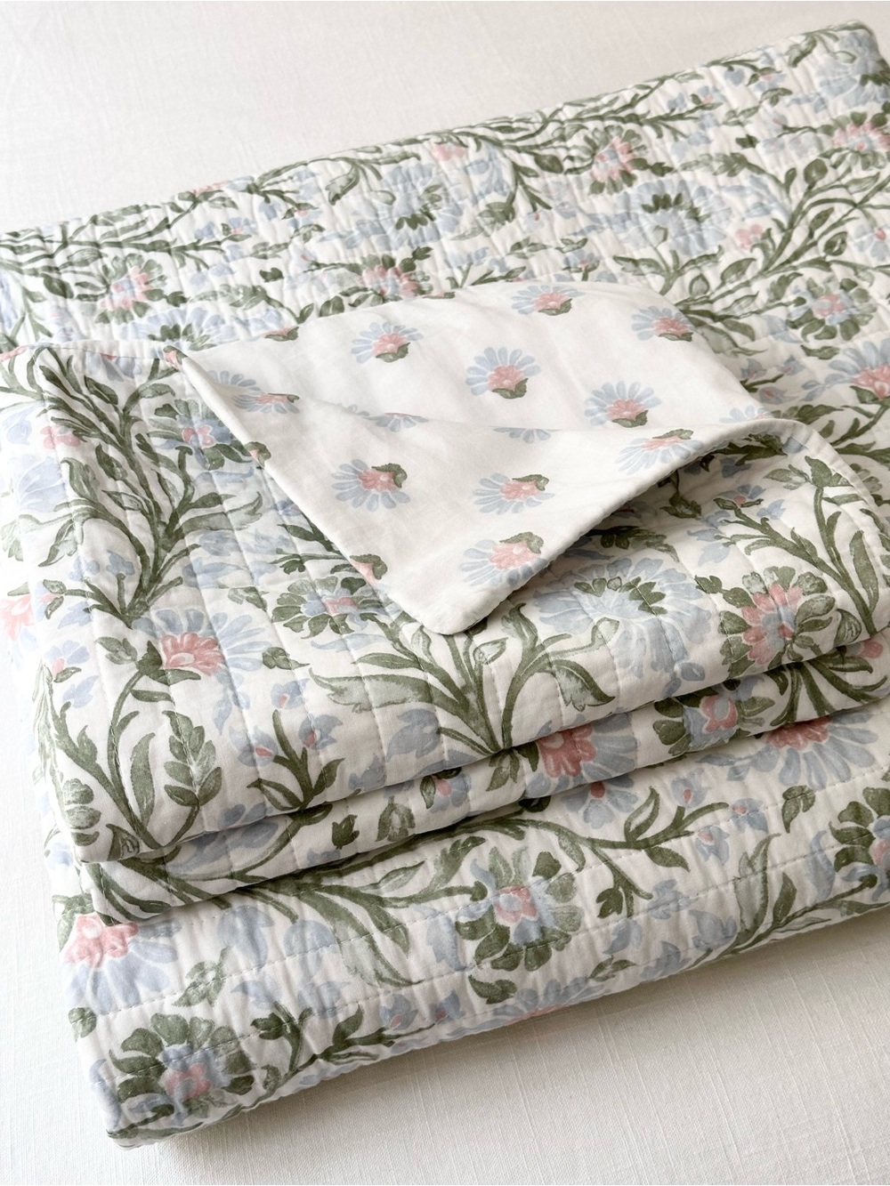 Nicole Miller Home Floral Cotton Reversible Quilt Set  - Pastel Pink Green Blue